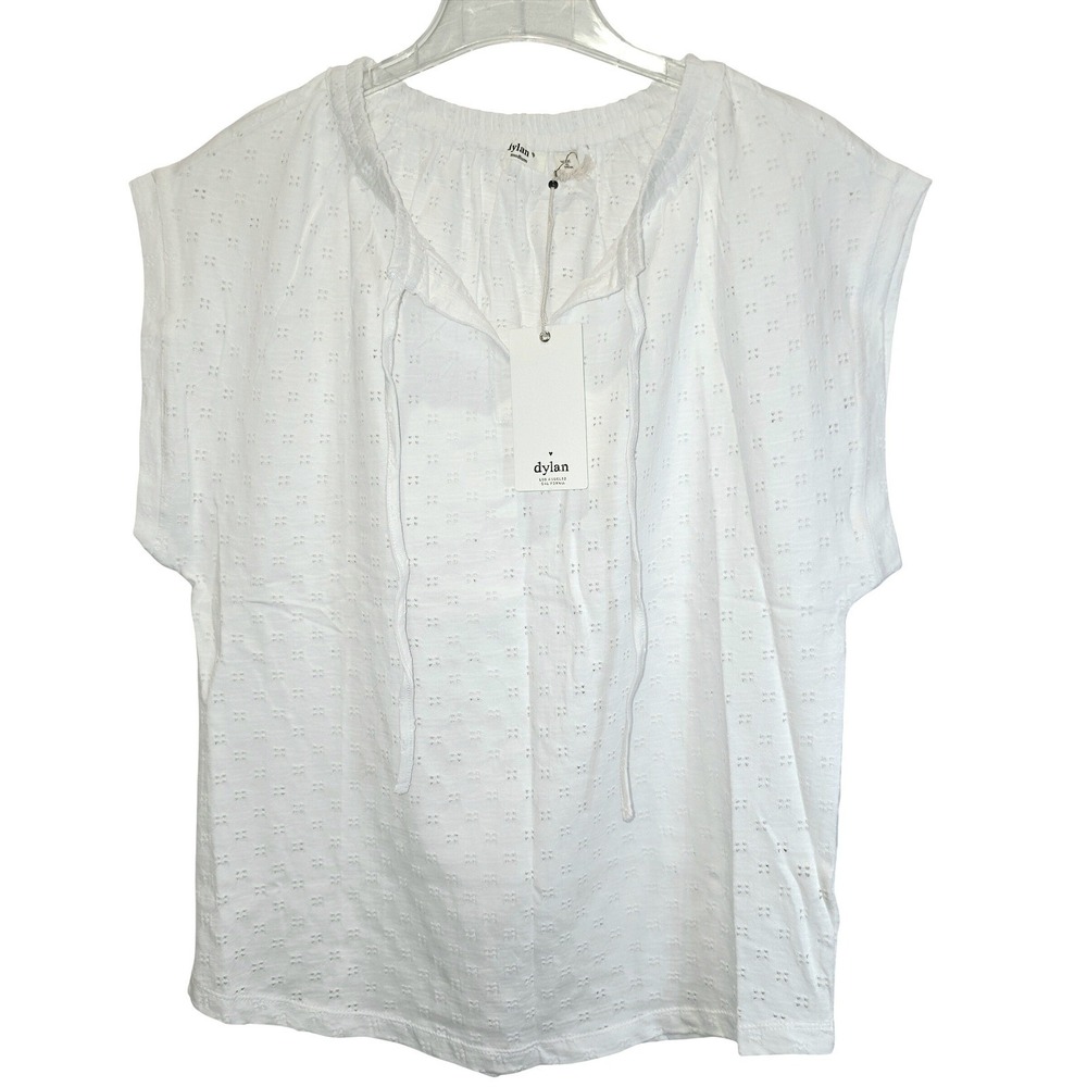 Sundance Dylan Gia Eylet Tee Shirt Top Cap Sleeve Medium White Drawstring V-Neck - Picture 4 of 12